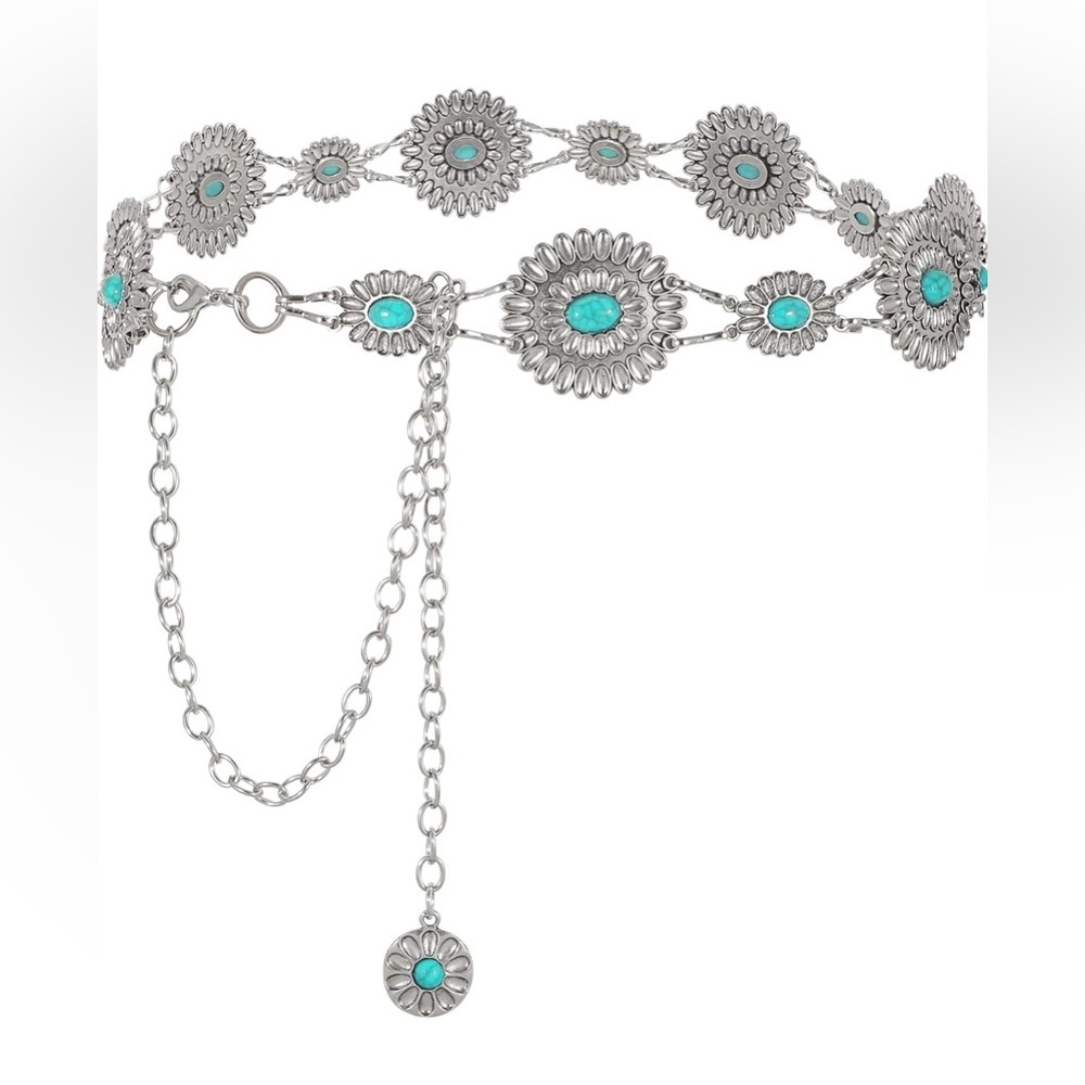 WHIPPY Women Concho Chain Belt Metal Link Western Cowgirl Turquoise Chain Belt